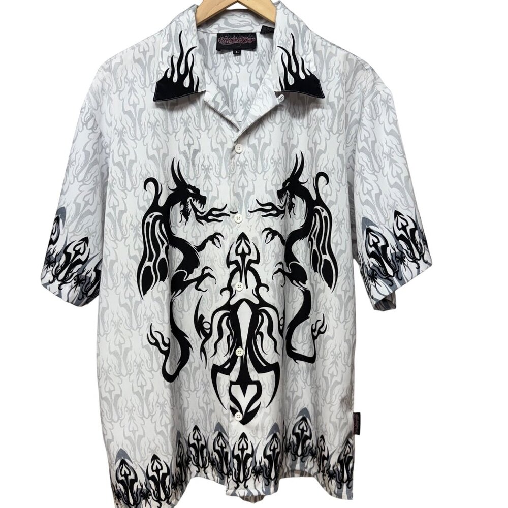Men’s L Sapphire Lounge Dragon Button-Up Shirt White Black Tribal Flames Fire